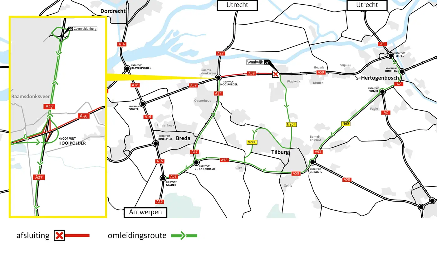 A59 Waalwijk richting Hooipolder dit weekend dicht, ook afrit vanaf A27 afgesloten